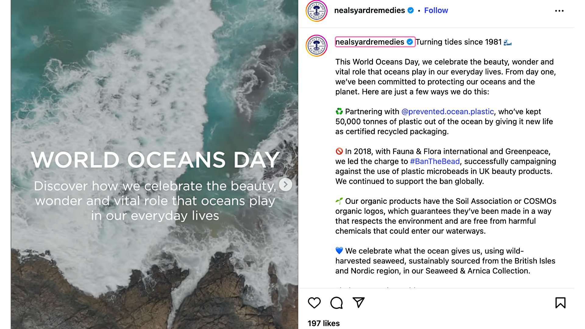 Neal’s Yard posting about their community projects on World Oceans Day.