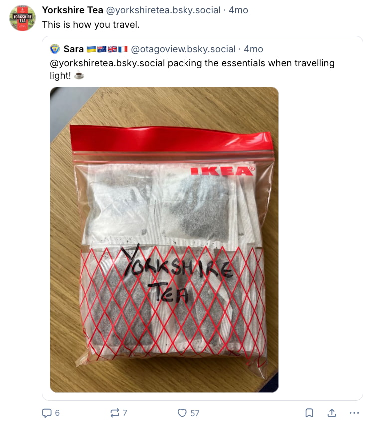 A plastic zip bag with a permanent marker label saying “Yorkshire Tea” and visible tea bags inside