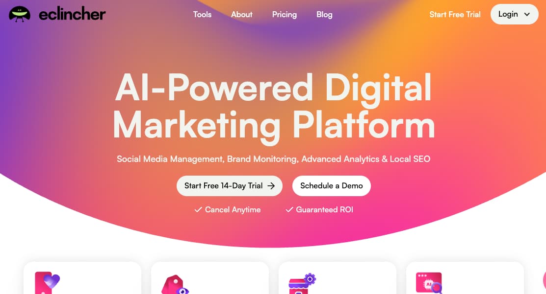 eClincher homepage with an aerial view of a team working together on a desk with laptops and tablets and text that reads "best social media and online presence management platform"