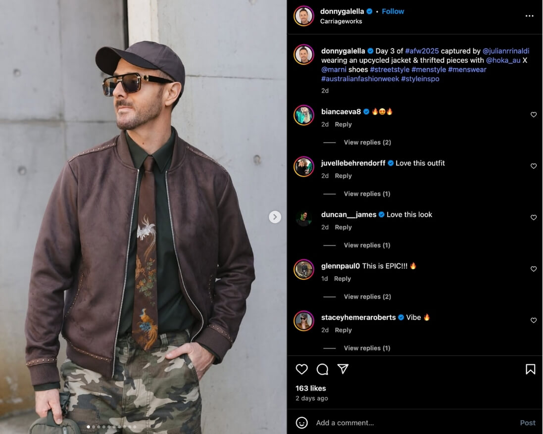 Donny Galella shares his day 3 AFW outfit with his Instagram followers