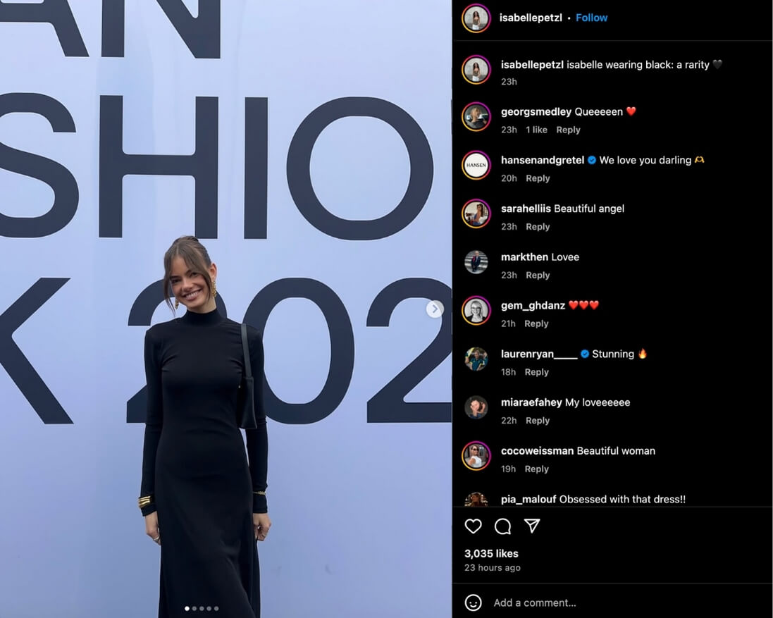  Isabelle Petzl shares her AFW outfit with her Instagram audience in a photo carousel