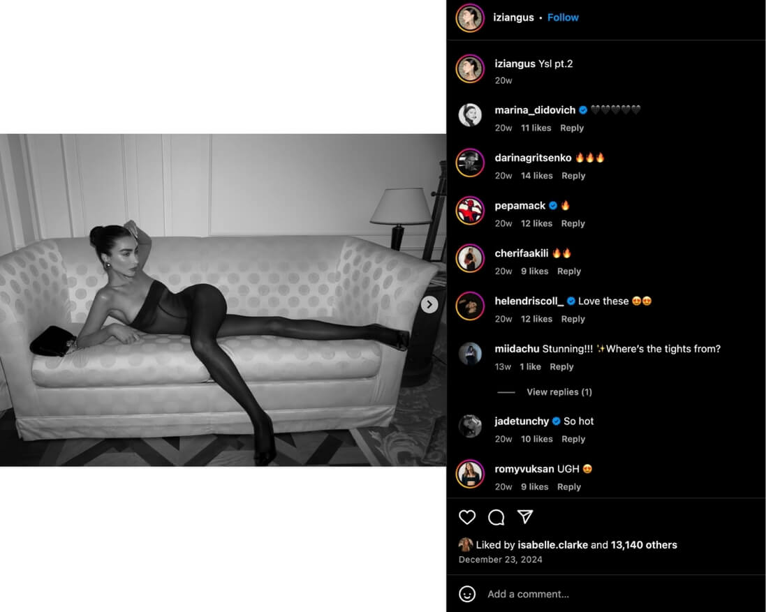 Izi Angus shares a moody black and white photo from a YSL campaign with her Instagram followers