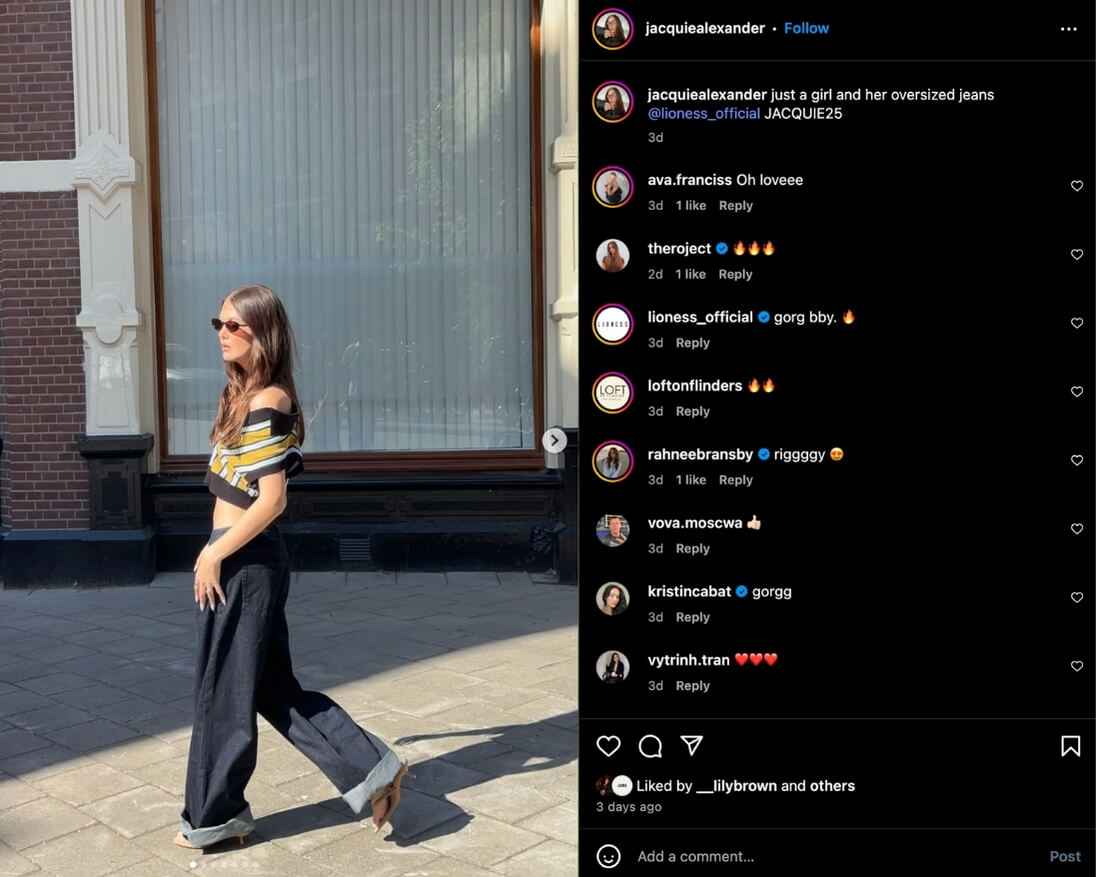 Jacquie Alexander shares a post to Instagram in collaboration with fashion label Lioness