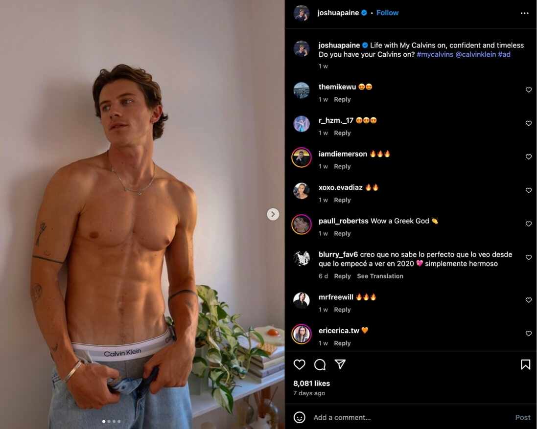 Joshua Paine shares photos wearing his boxers and jeans to Instagram in collaboration with Calvin Klein