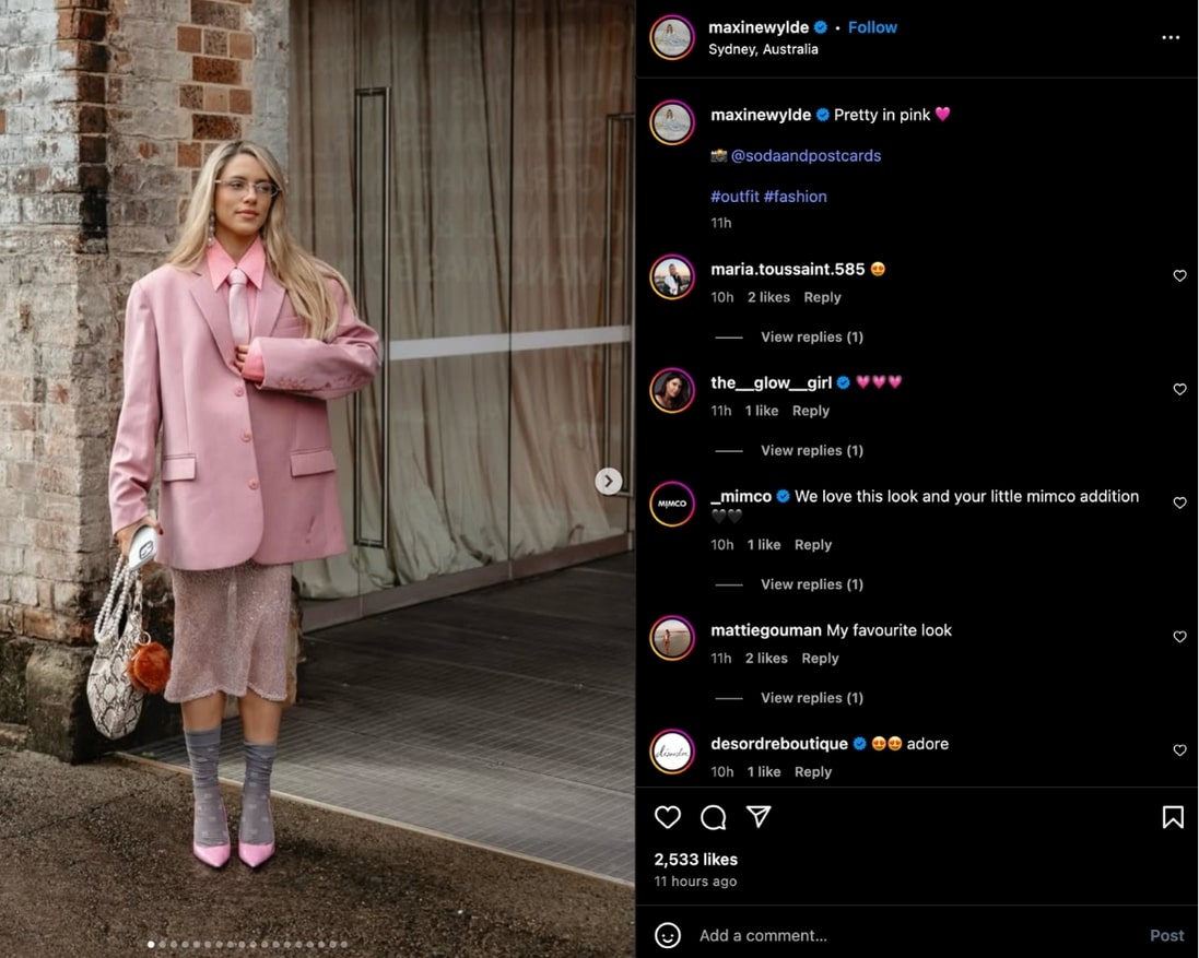 Maxine Wilde shares her AFW outfit on Instagram