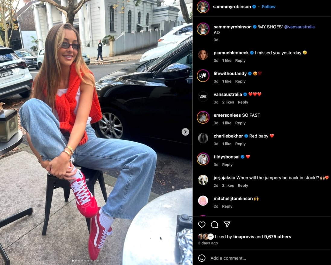 Sammy Robinson shares a carousel of photos wearing red VANS as part of a brand collaboration