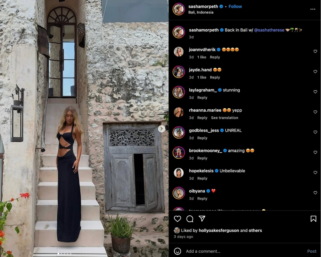 Sasha Morpeth poses on steps in Bali wearing a black gown, shared with her Instagram followers