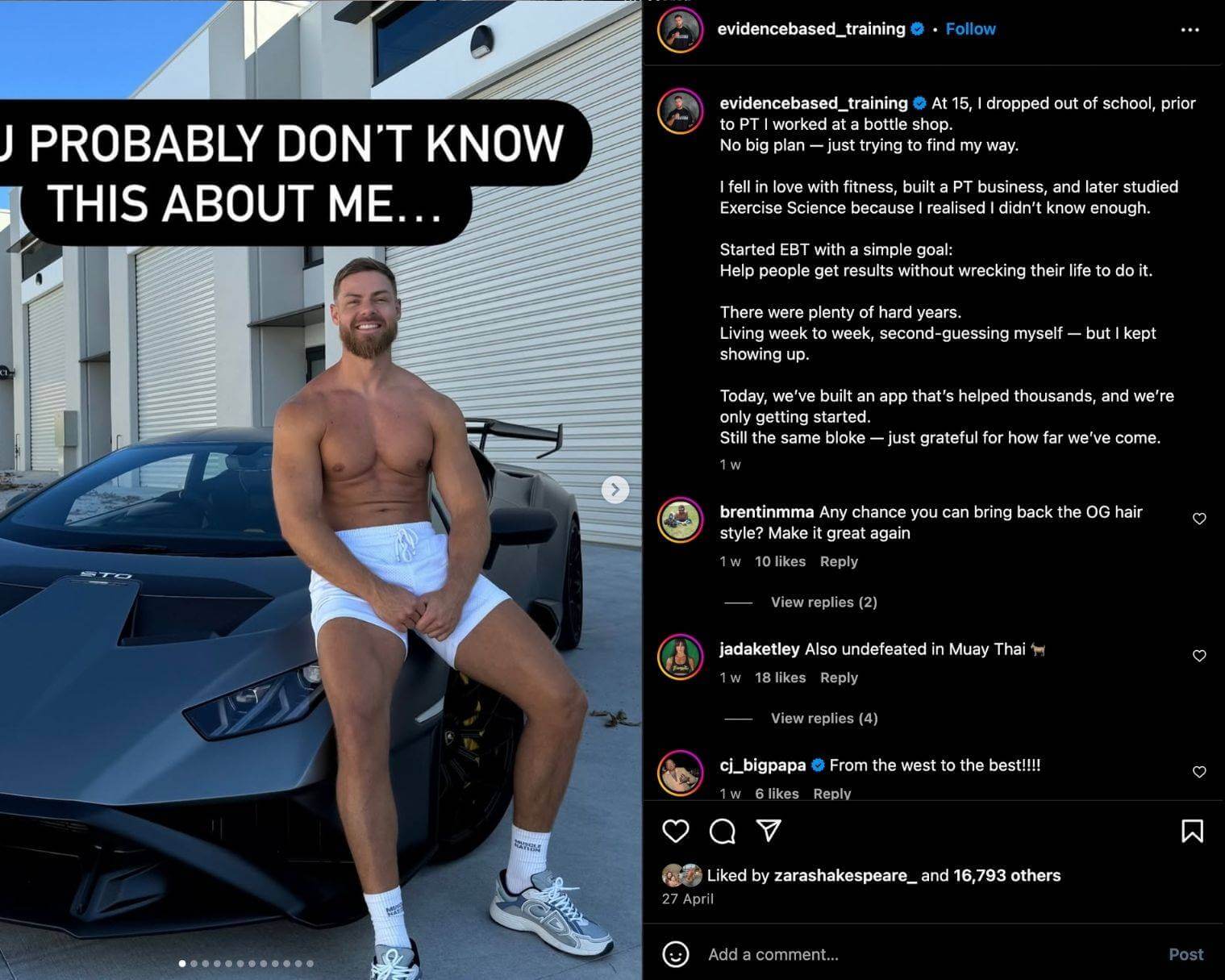 Adam Sullivan shares an Instagram carousel posing with his car in a pair of white shorts