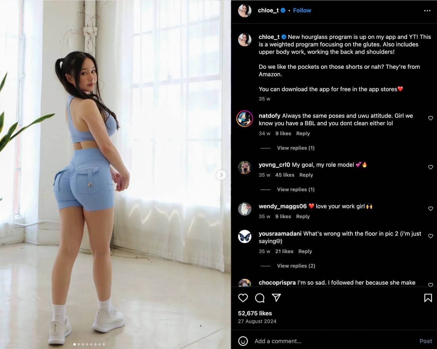 An Instagram carousel shows Chloe Ting in a powder-blue matching workout set, promoting her new hourglass program