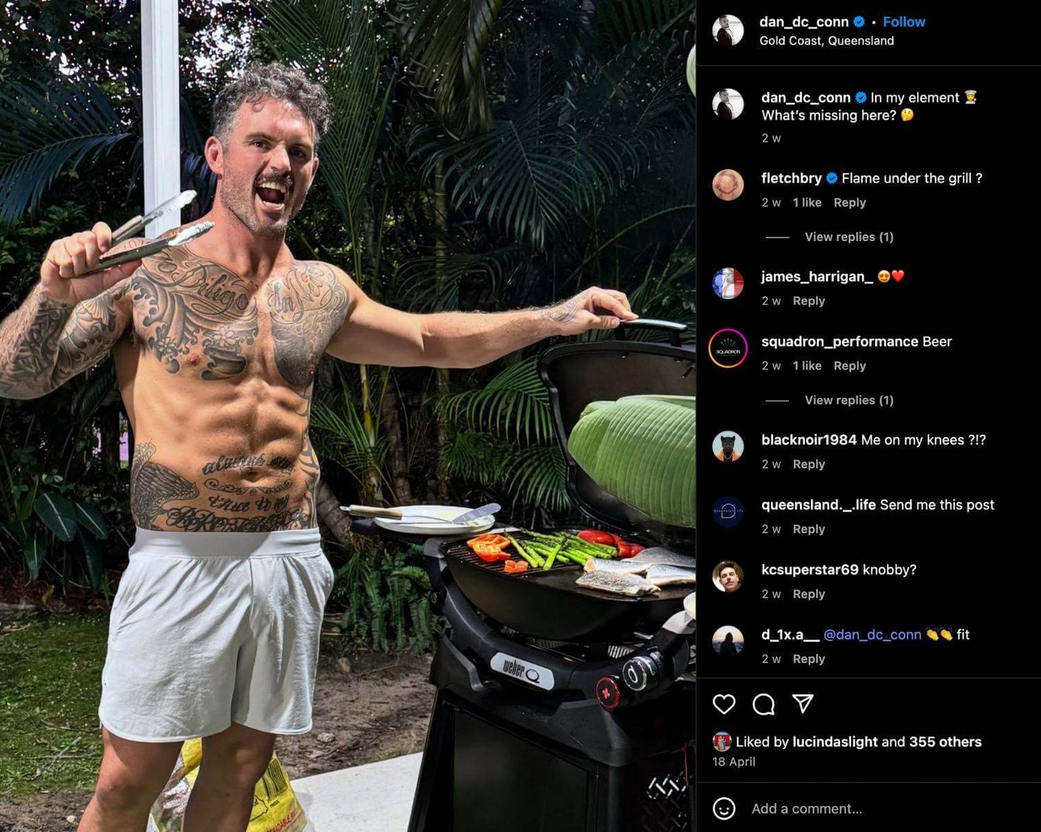 Dan Conn is seen in an Instagram photo standing shirtless at his backyard BBQ