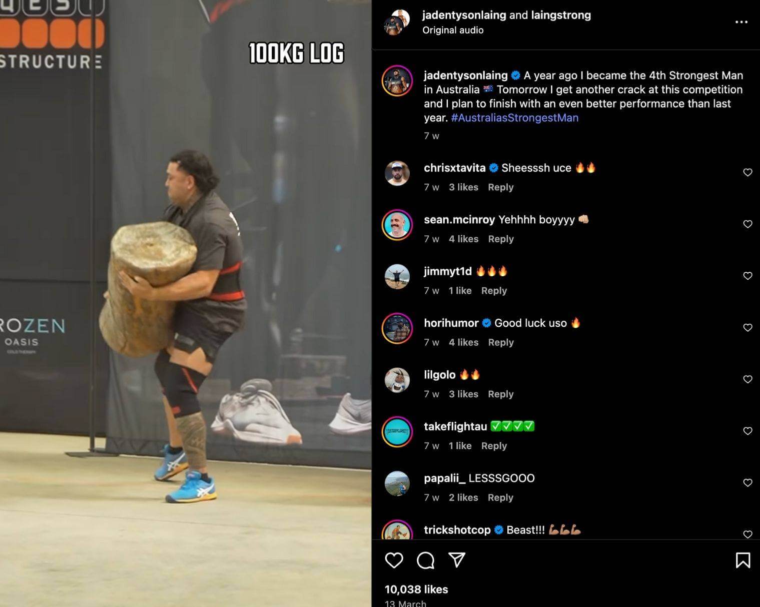 Jaden Laing shares an Instagram Reel of himself carrying a 100kg log at Australia’s Strongest 2024