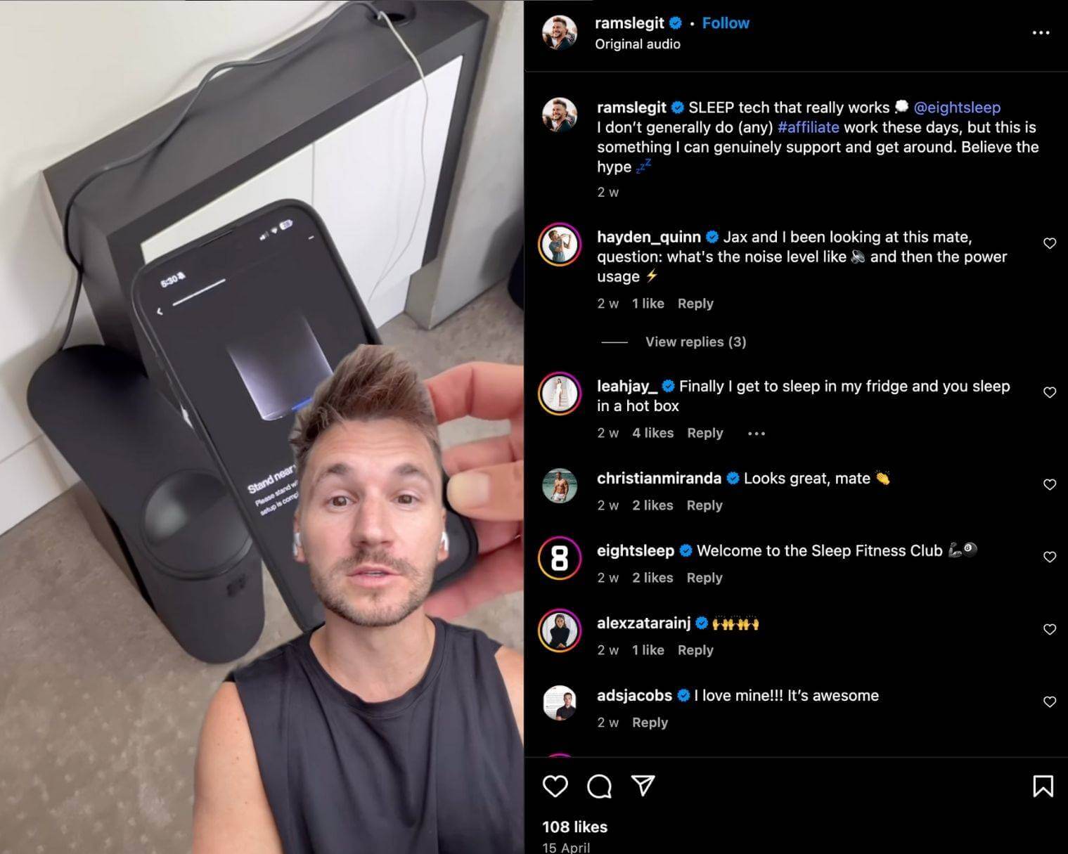 Michael Ramsay shares an Instagram Reel promoting the company Eight Sleep
