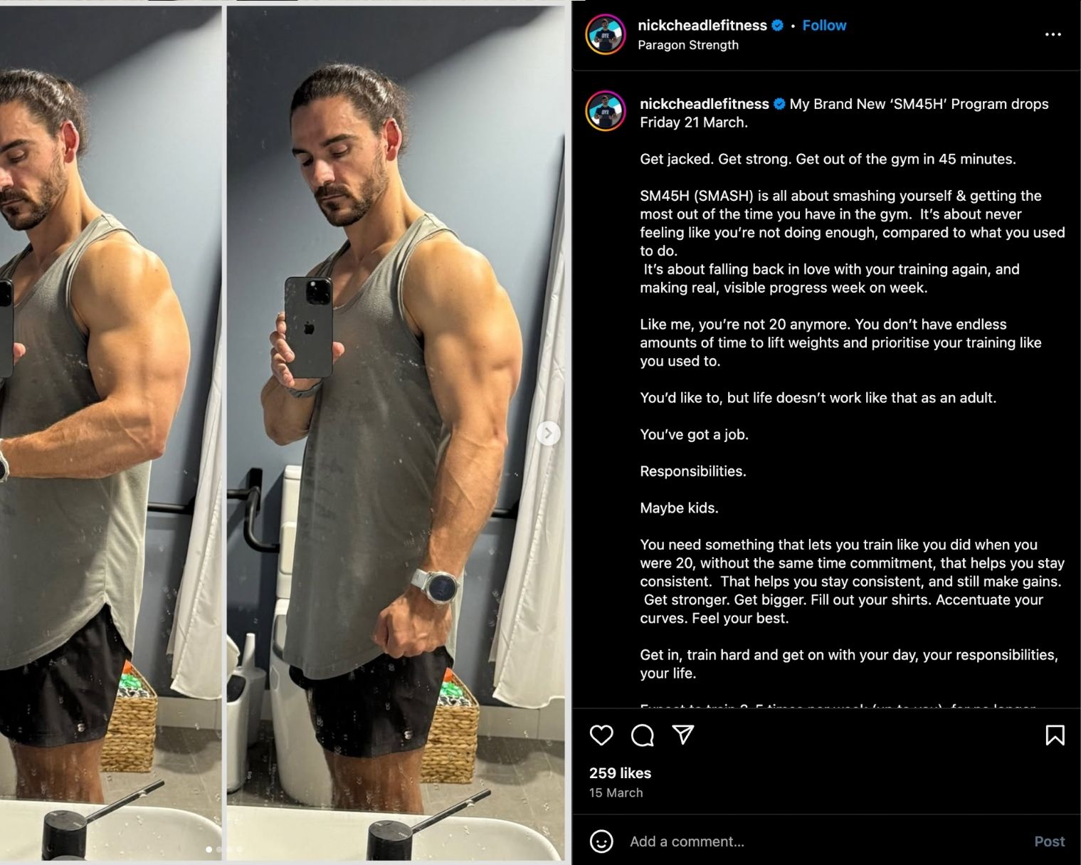 Nick Cheadle shares an Instagram photo of himself posing in the mirror to promote his new fitness program