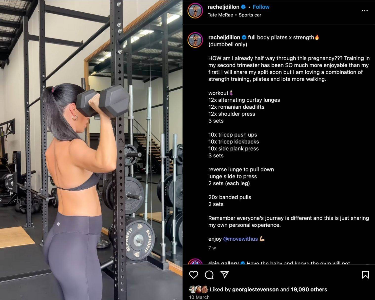  Rachel Dillon shares a full-body, dumbbell-only workout on Instagram Reels, tagging her Move With Us page