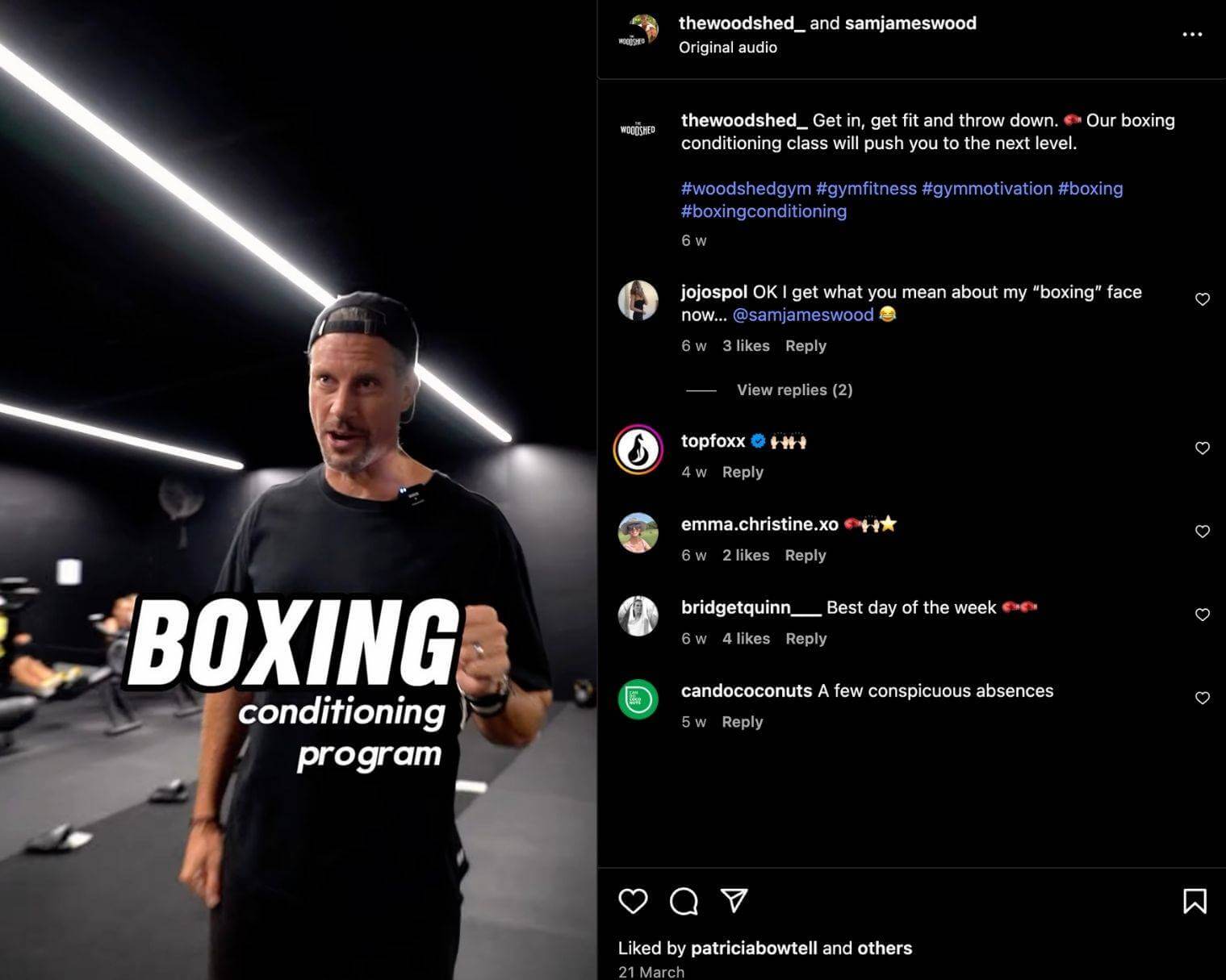 Sam Wood shares an Instagram Reel to promote his boxing and conditioning program
