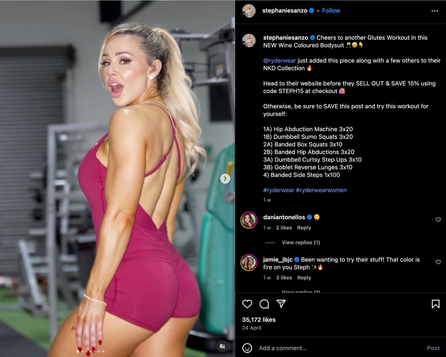Stephanie Sanzo shares a workout with her Instagram audience wearing a magenta training one-piece
