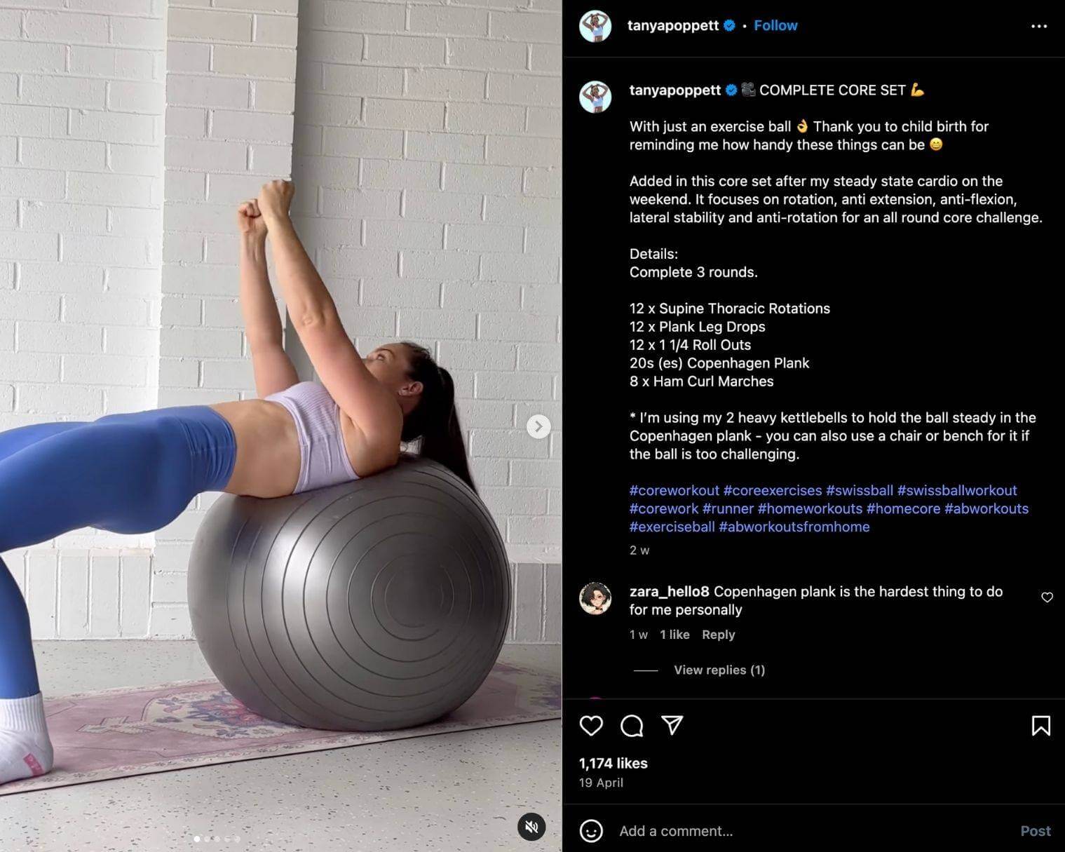 Tanya Poppett shares an Instagram carousel to take followers through a complete core workout, set by set