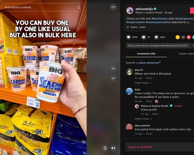 Adrian Widgy shows his followers a new Asian supermarket warehouse via TikTok 
