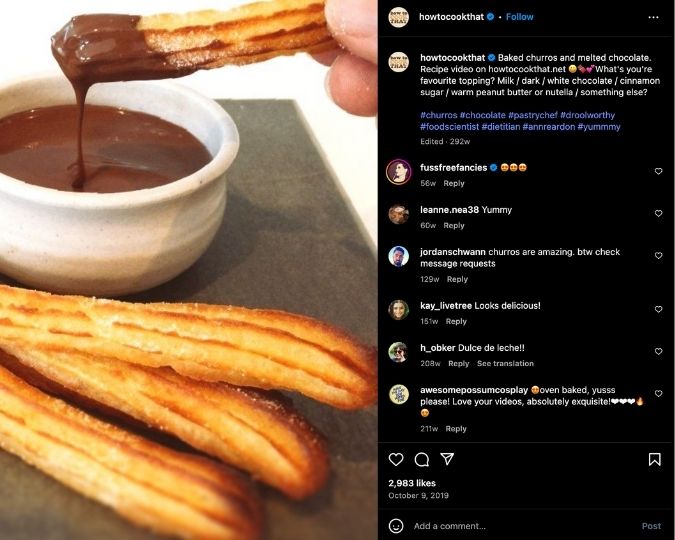 Ann Reardon shares a photo of baked churros with melted chocolate to Instagram