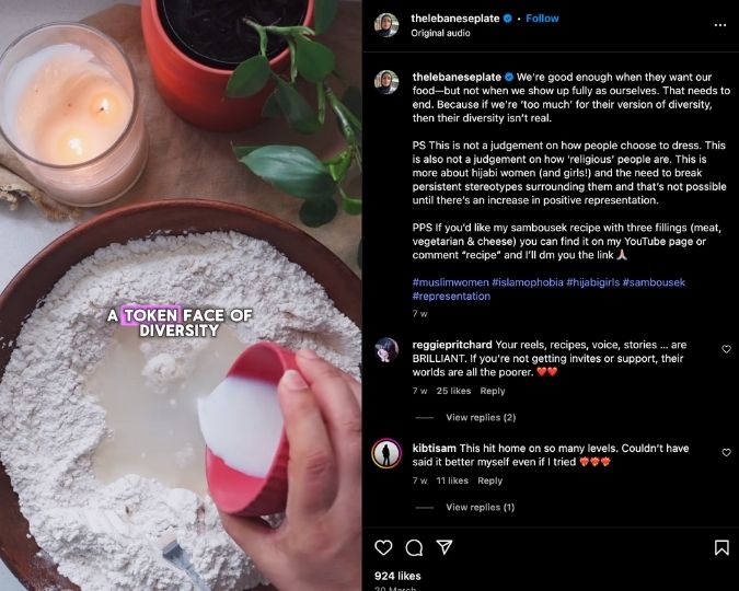 Lina Jebeile shares a sambousek recipe on Instagram Reels while discussing diversity