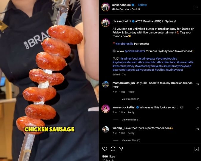Nick Effendi shares an Instagram Reel at AYCE Brazilian BBQ in Sydney