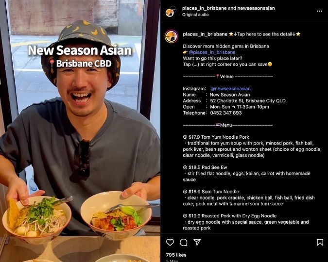 Shoggy shares an Instagram Reel recommending New Season Asian in Brisbane CBD