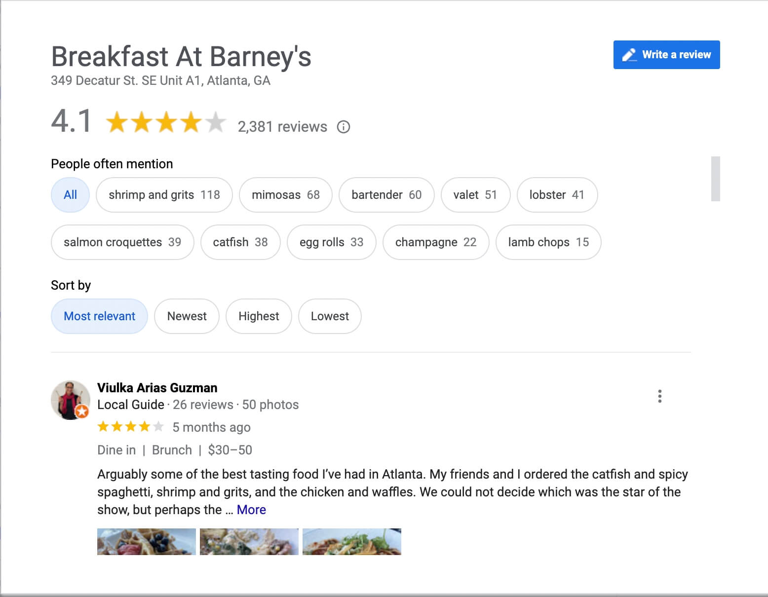 Google Review page for Breakfast at Barney's featuring the number of total reviews, review keywords, sorting options and a positive customer review.