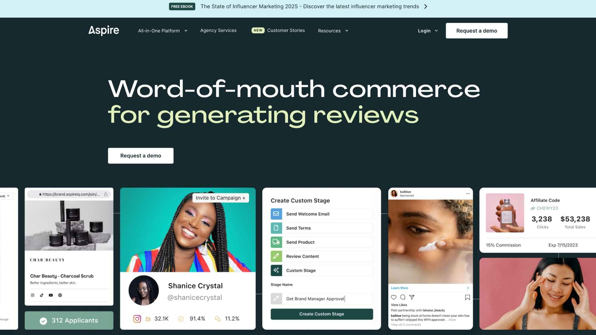 Aspire homepage promoting its word-of-mouth commerce for generating reviews, with a demo button and example posts
