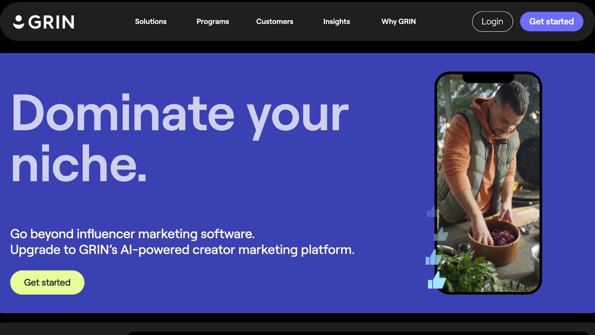  GRIN homepage featuring creator marketing tools with a video of a creator cooking beside platform messaging