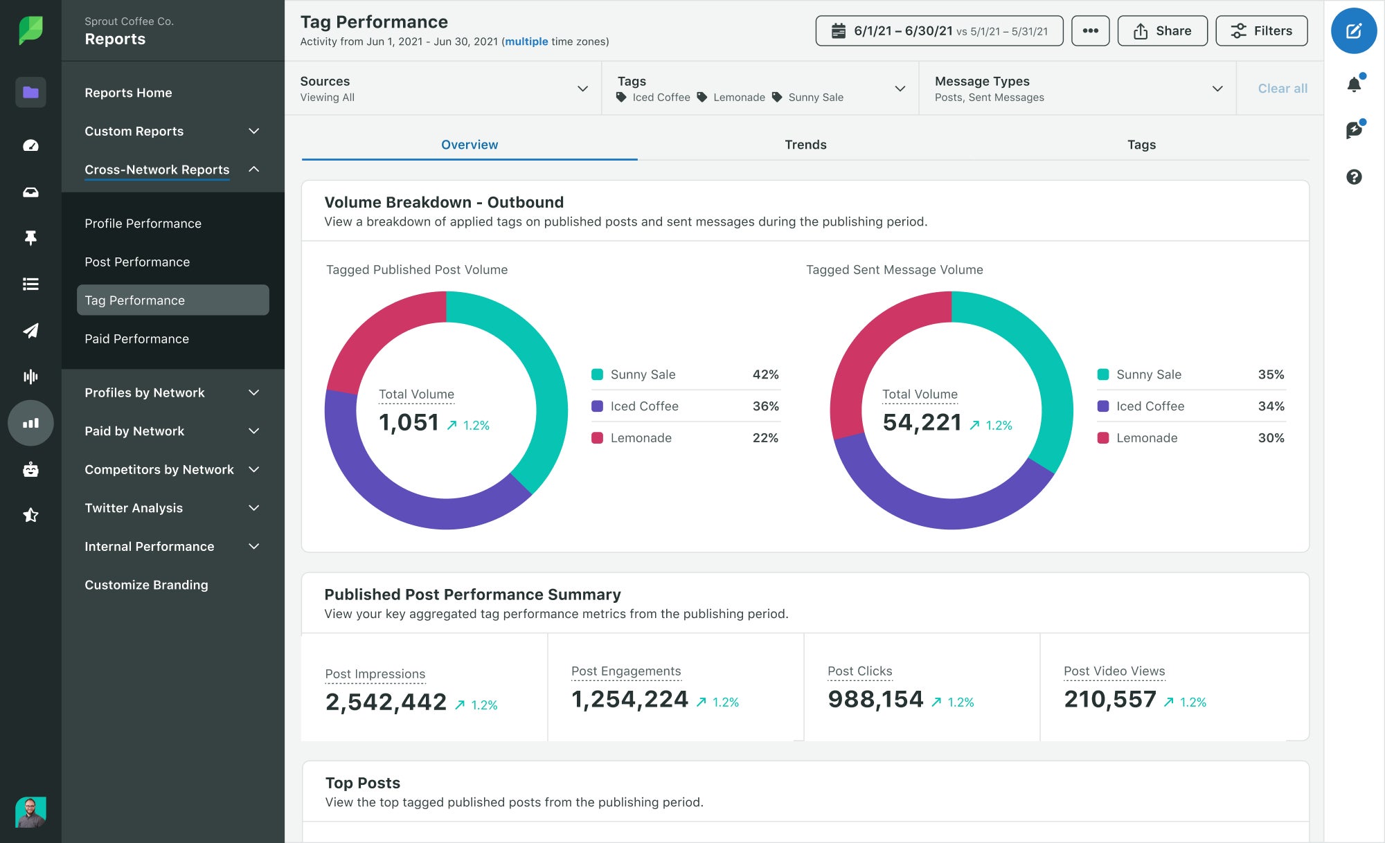 Sprout Social UI of Tag Performance Reports, showing campaigns filtered by Tags that use hashtags and keywords to filter for each Tag to give data and graphs around posts, messages, impressions, engagements and other valuable metrics