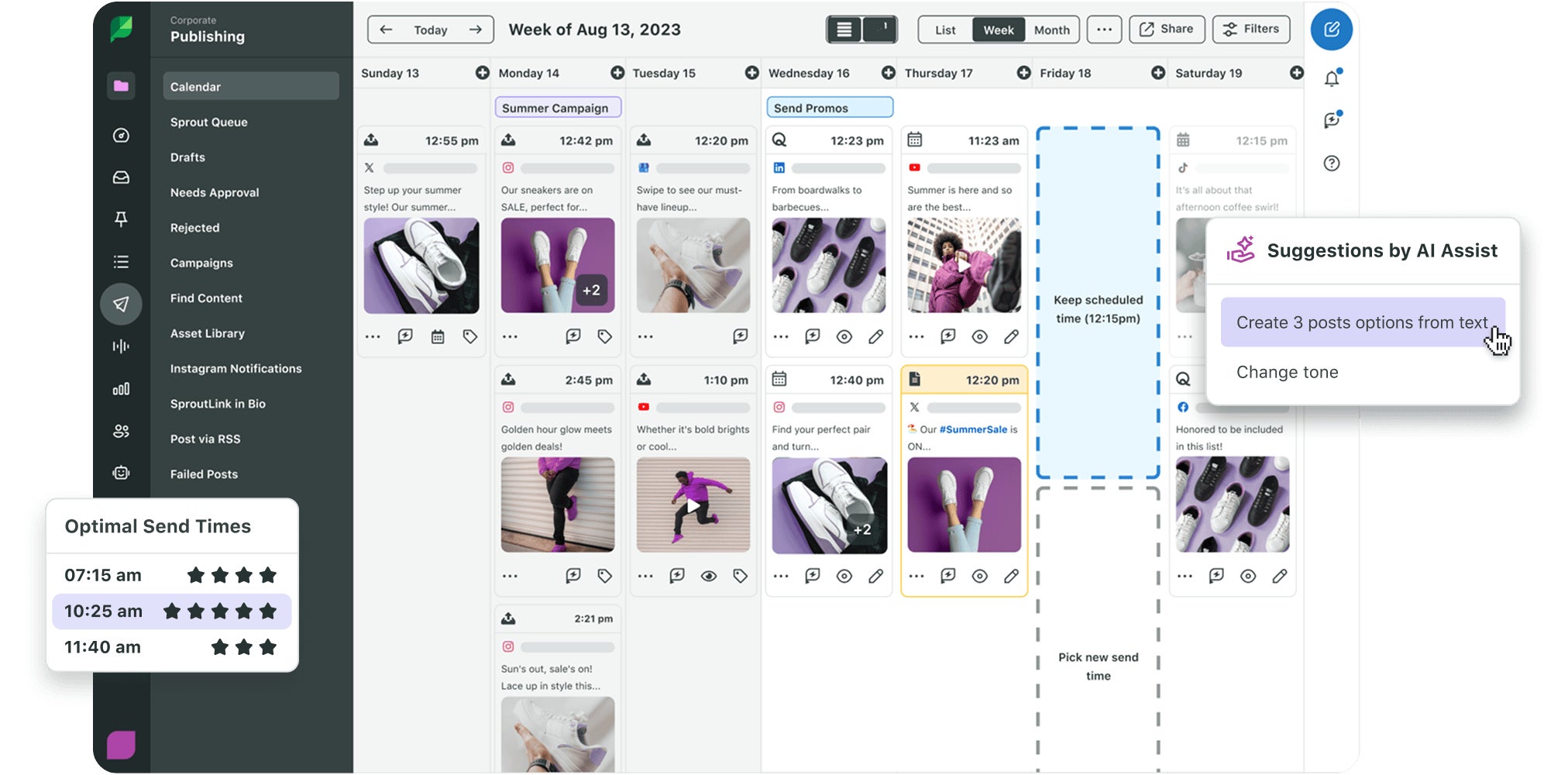 Sprout’s visual content calendar helps you easily schedule social posts across multiple networks including YouTube.