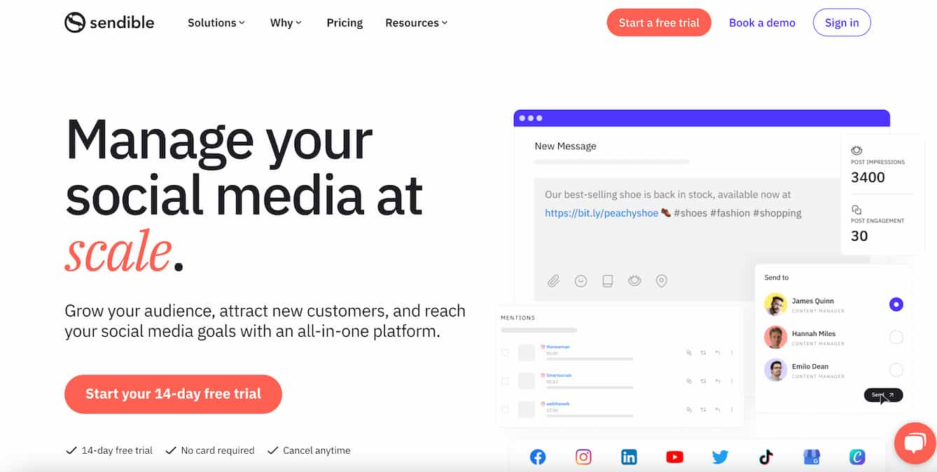 sendible homepage with a preview of the text compose window and text that reads "manage your social media at scale"