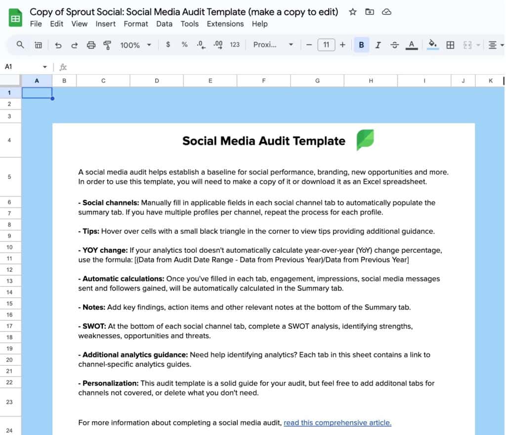 Sprout Social’s social media audit template