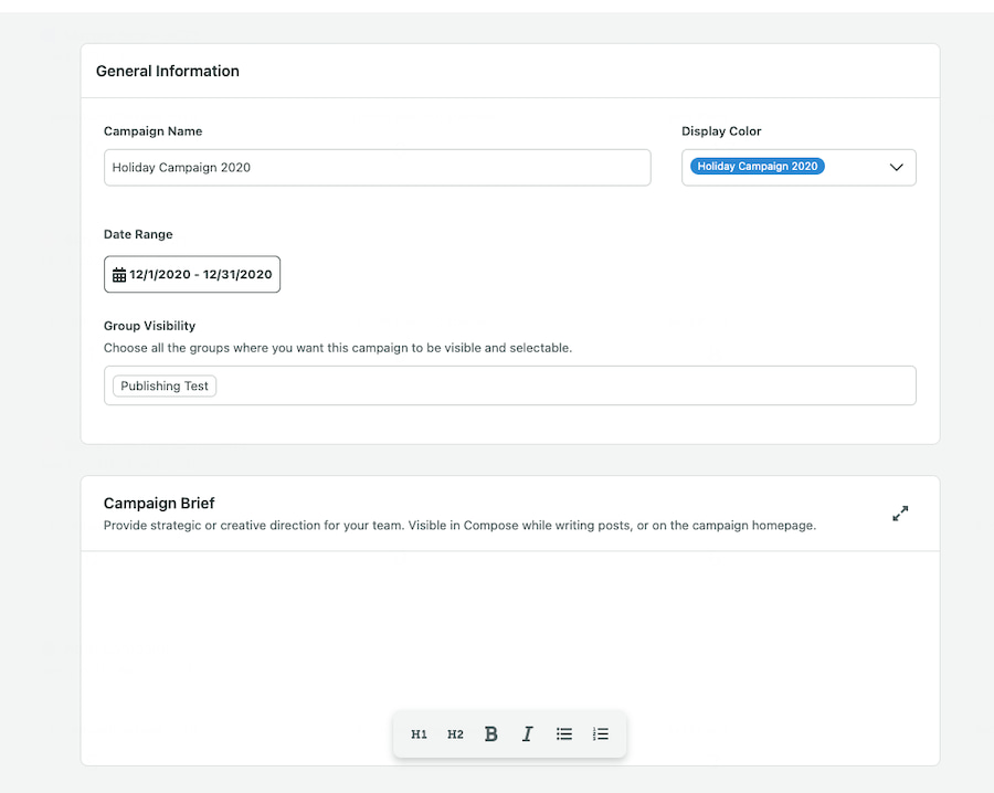 The general information screen for a social media campaign shows the campaign name and group visibility options