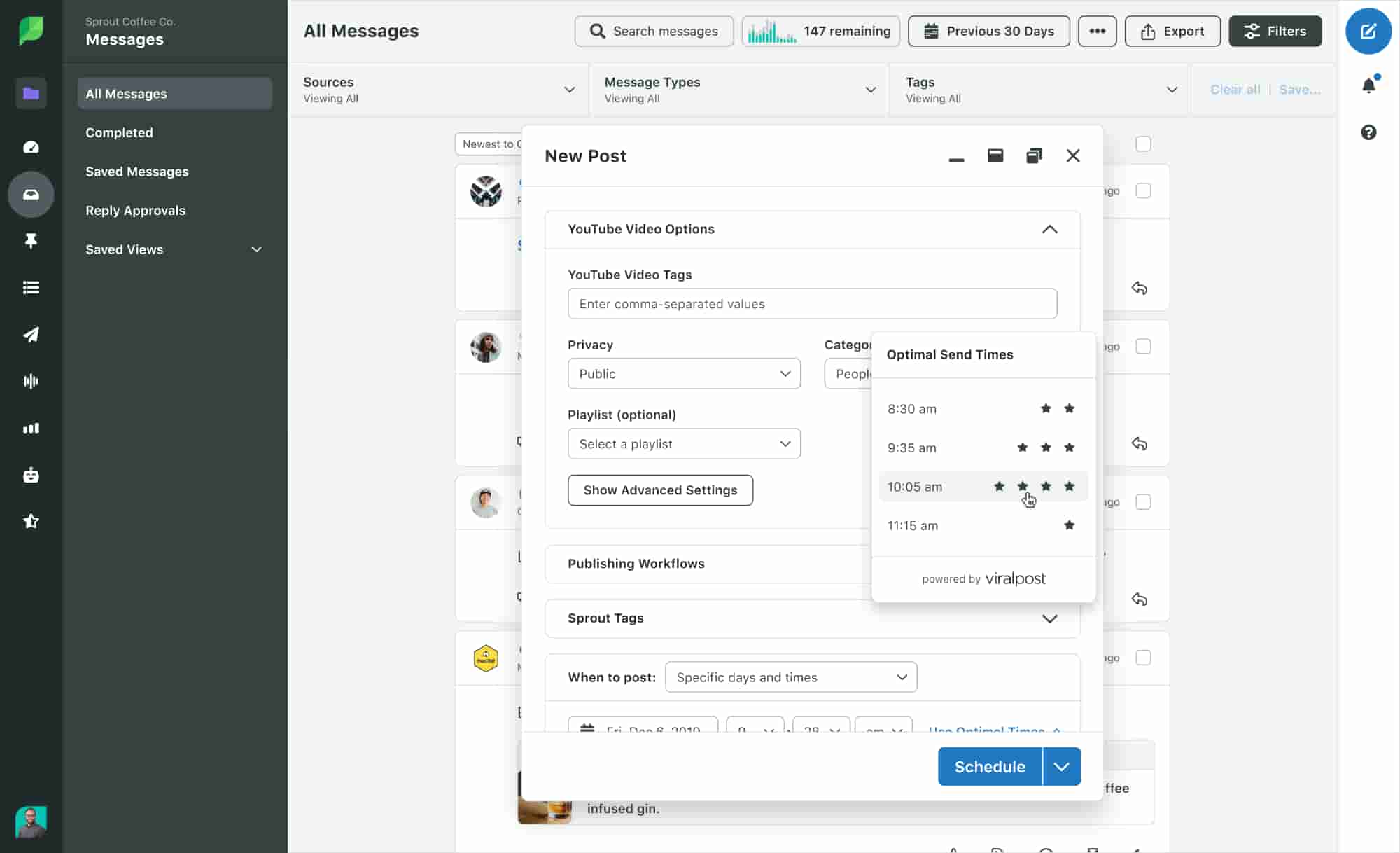 Sprout Social’s New Post window for YouTube video with Optimal Send Times displayed