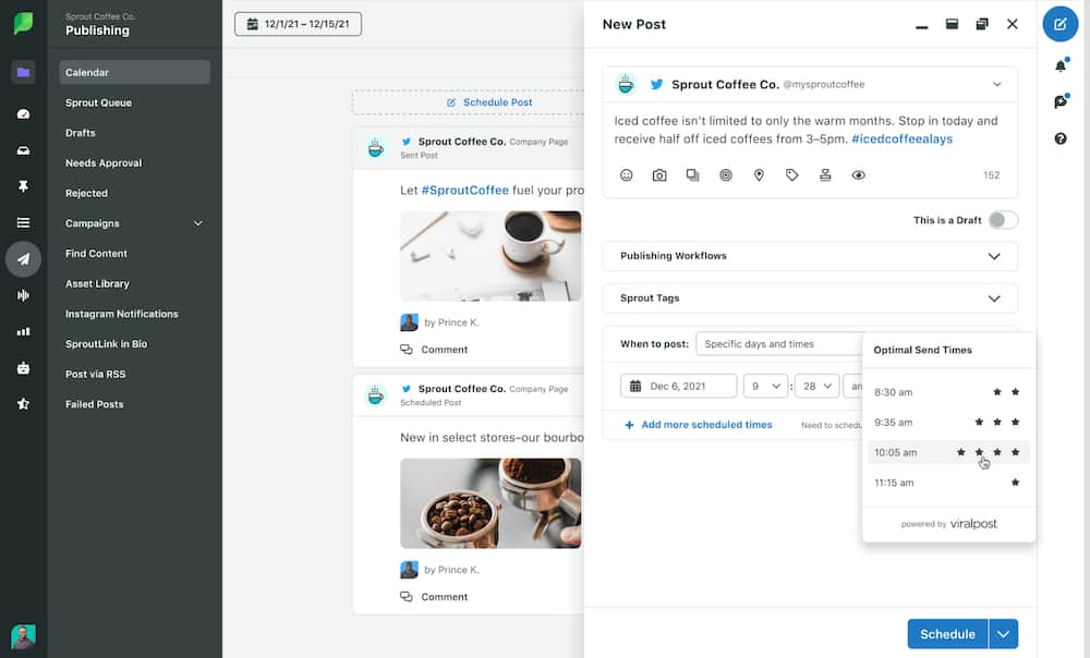 A new post screen for Sprout Coffee Co.’s iced coffee post featuring optimal send times options