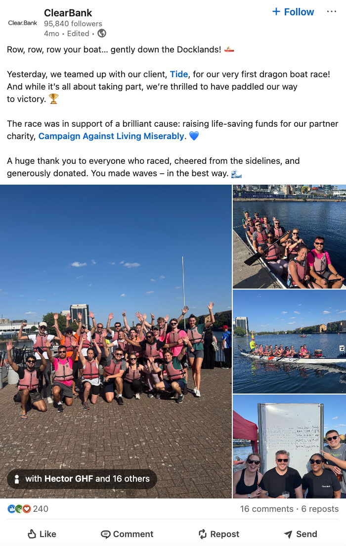 ClearBank’s LinkedIn post shows staff and Tide employees at a dragon boat charity race 