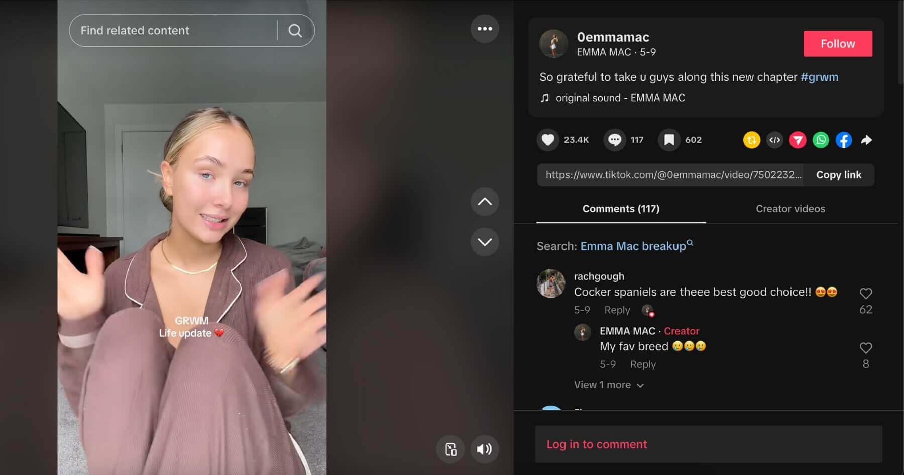 TikTok screenshot of Emma Mac doing a GRWM and life update video