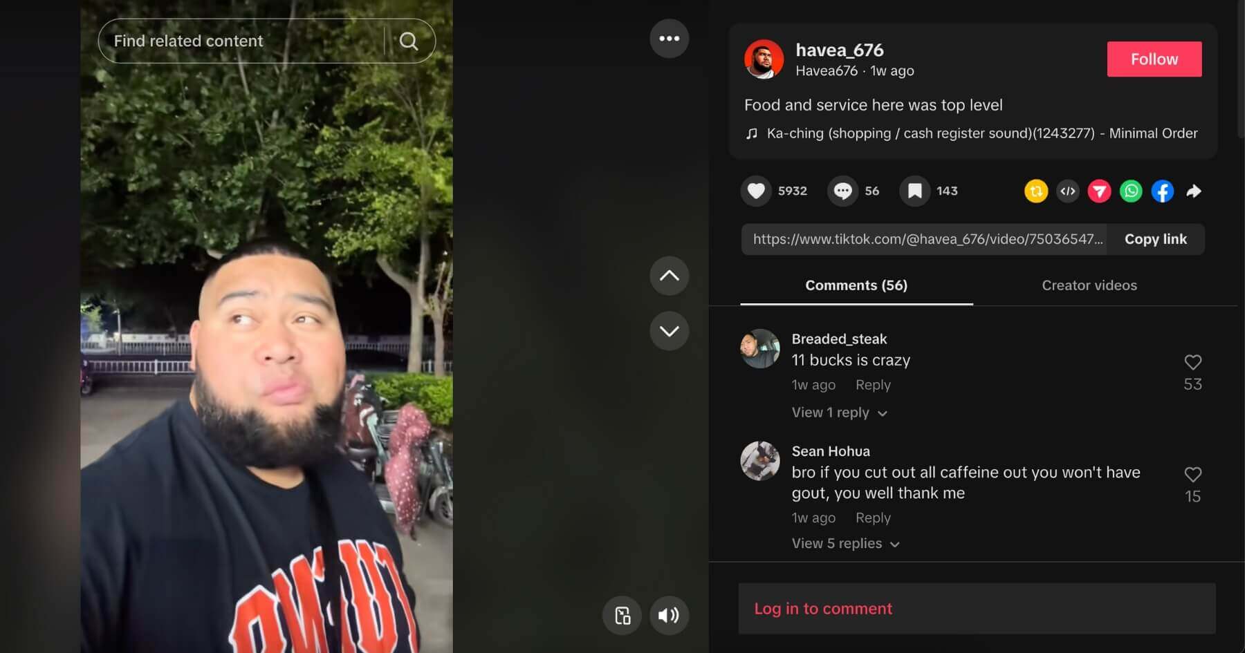 TikTok screenshot of Havea Matangi vlogging his dining adventures