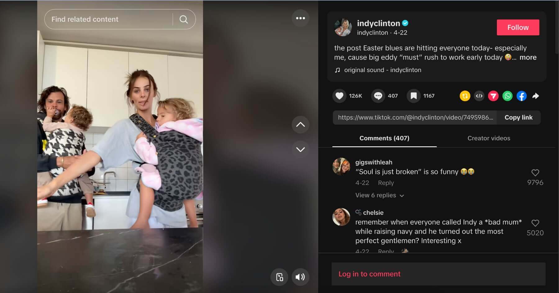 Indy Clinton TikTok screenshot dancing in the kitchen with her partner and two children