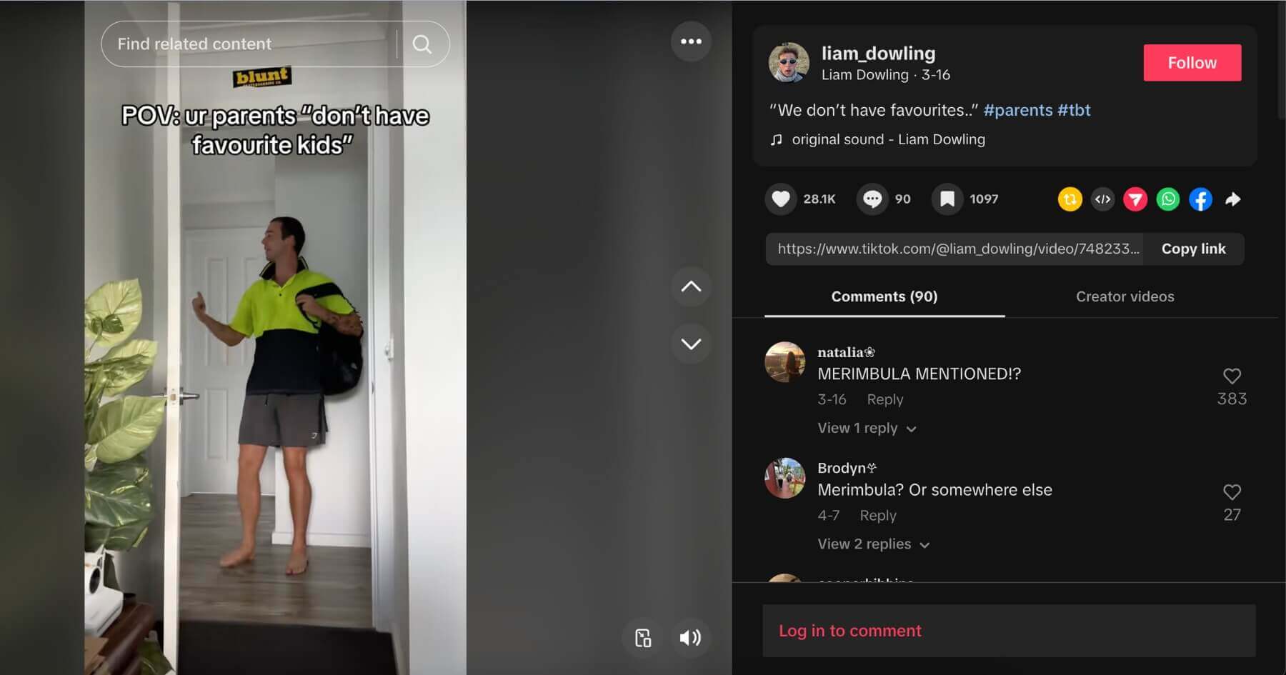 Screenshot of Liam Dowling’s TikTok video impersonating Aussie parents