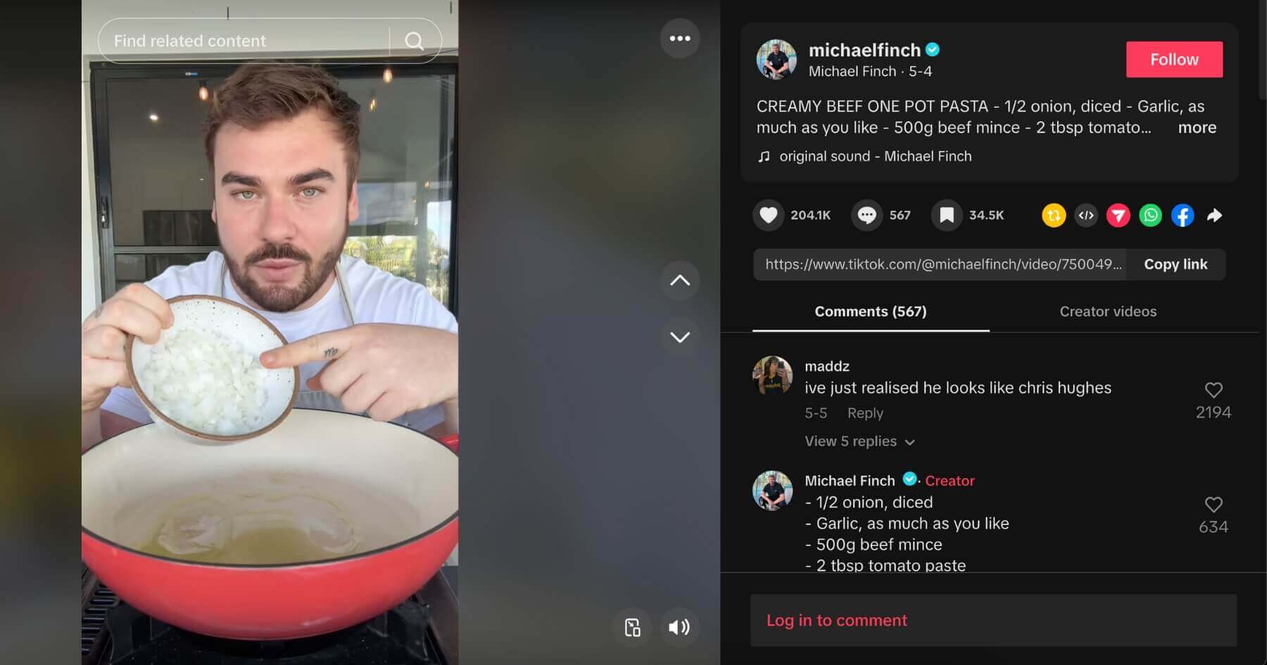 Michael Finch TikTok screenshot cooking creamy beef one pot pasta