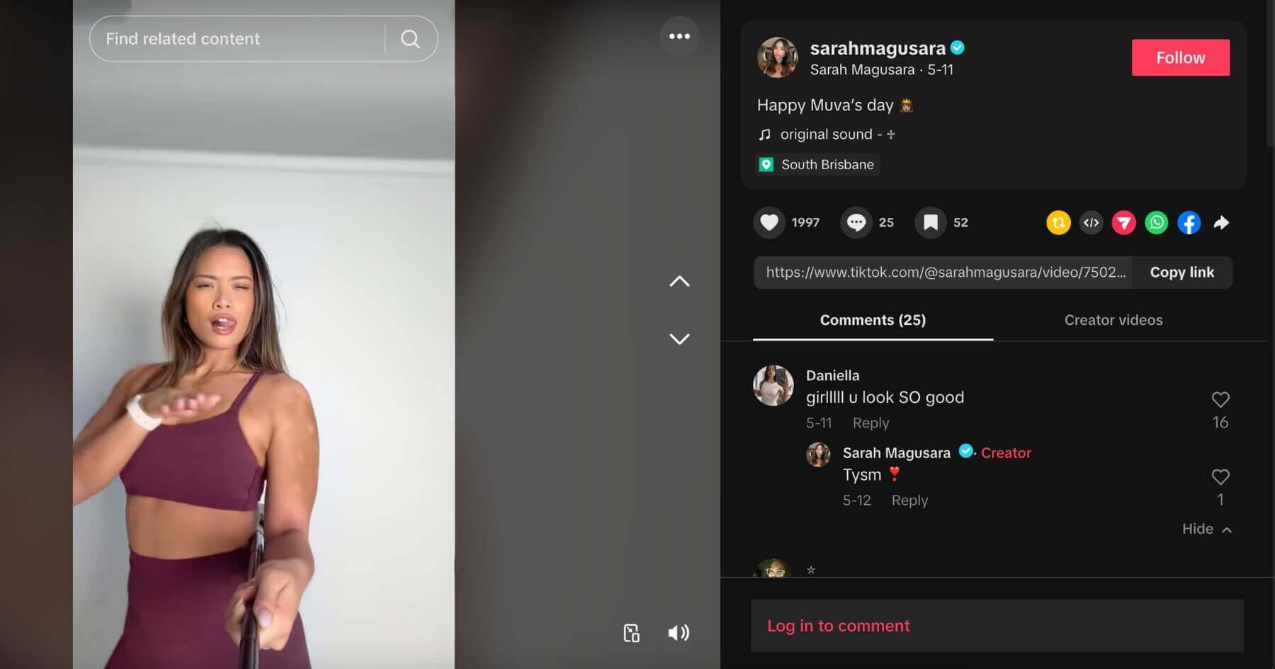 TikTok screenshot of Sarah Magusara performing a trending dance challenge
