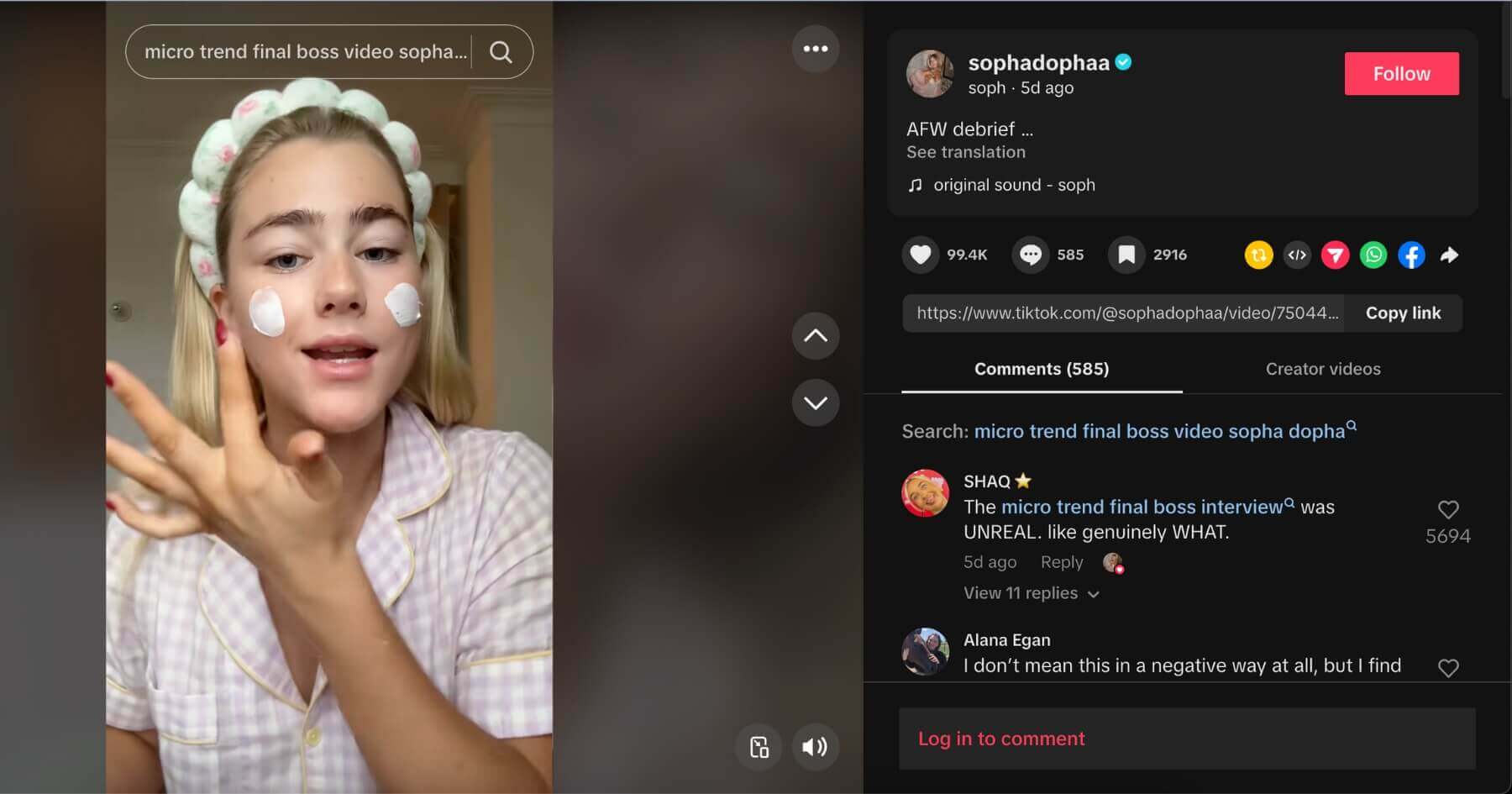 TikTok screenshot of Sopha Dopha getting ready and talking to her followers about AFW