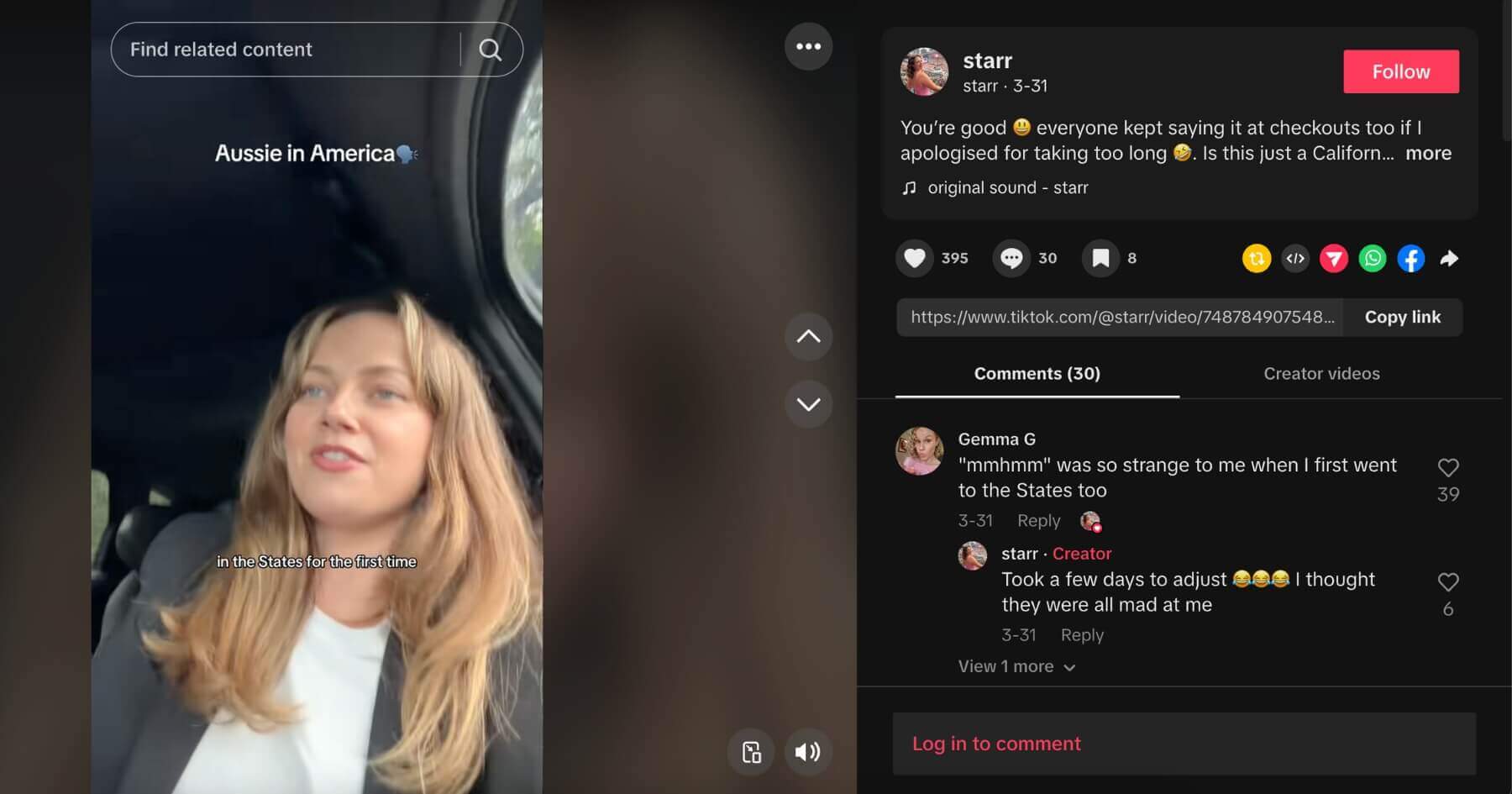 TikTok screenshot of Starr McGowan talking about her experience as an Aussie in the USA