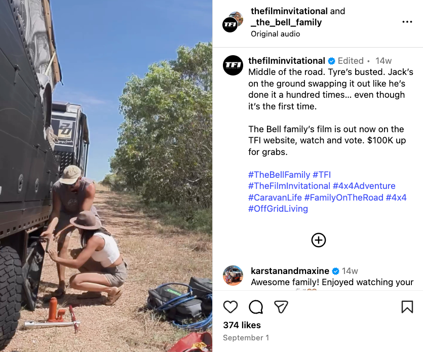 A collab post between the Bell family and The Film Invitational, showcasing a 4x4 adventure in 4K 