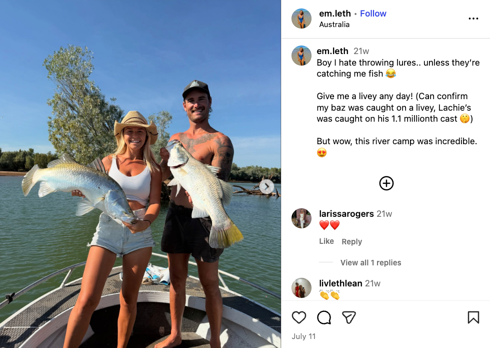 Em Lethlean shares a photo carousel on her Instagram showcasing her river camp fishing adventures 