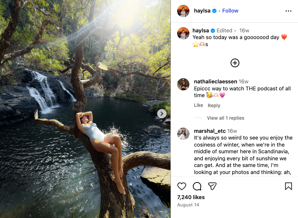 A screenshot of a photo carousel from Hayley Hunter’s Instagram, showing her lying on a tree branch above a rockpool oasis 