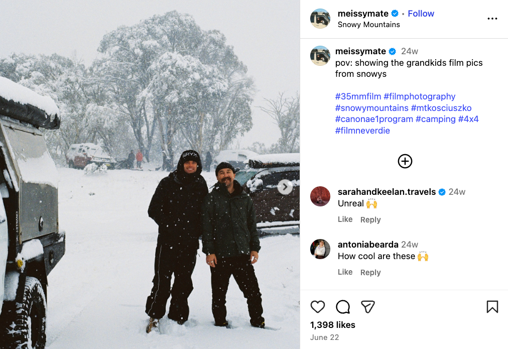 Lachie shares a photo on Instagram posing in the Snowy Mountains with his 4x4 setup 