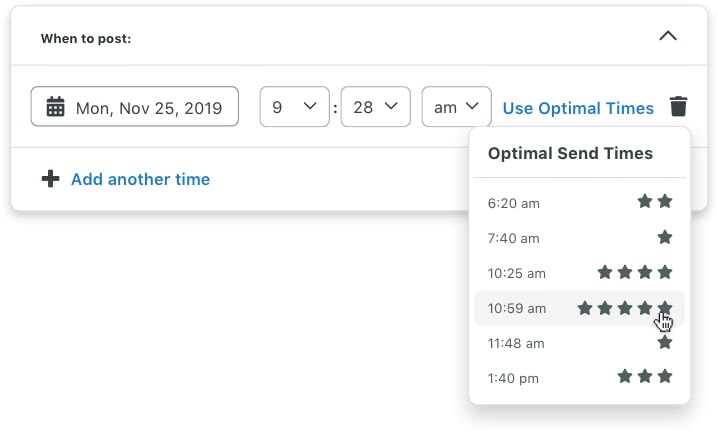 En regardant de plus près, le menu Heures d'envoi optimales de Sprout indique six moments différents, chacun avec des étoiles décrivant les niveaux d'engagement potentiel.​​ 